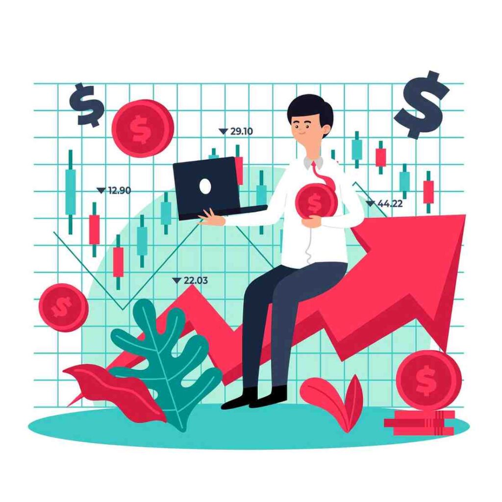 Illustration of a trader sitting near bullish market charts and upward price movement while representing emotional trading and fear of missing out in the market.