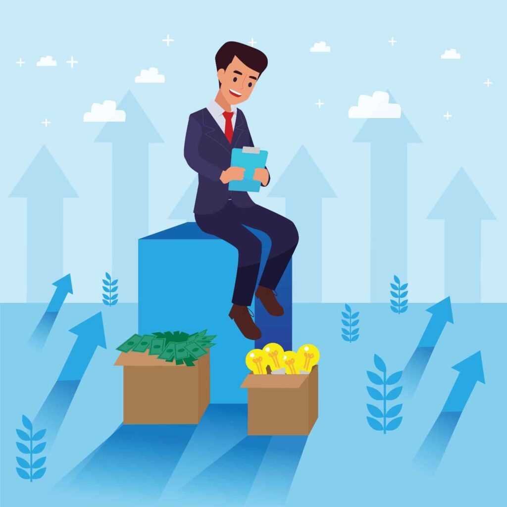 Illustration of a professional sitting above symbols of money and ideas with upward arrows in the background, representing steady growth, disciplined trading, and long-term consistency over chasing big winning trades.