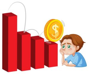 An image illustration of a worried, sweating boy staring anxiously at a large gold dollar coin bouncing down a descending red bar chart, representing a trader's intense fear of losing existing profits during a market downturn.