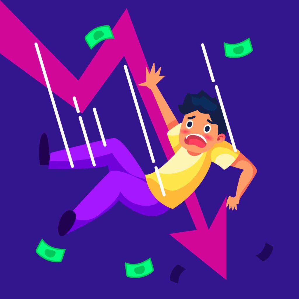 Illustration of a trader falling alongside a declining market chart, representing how unrealistic expectations in trading can lead to emotional stress, poor decisions, and financial losses.