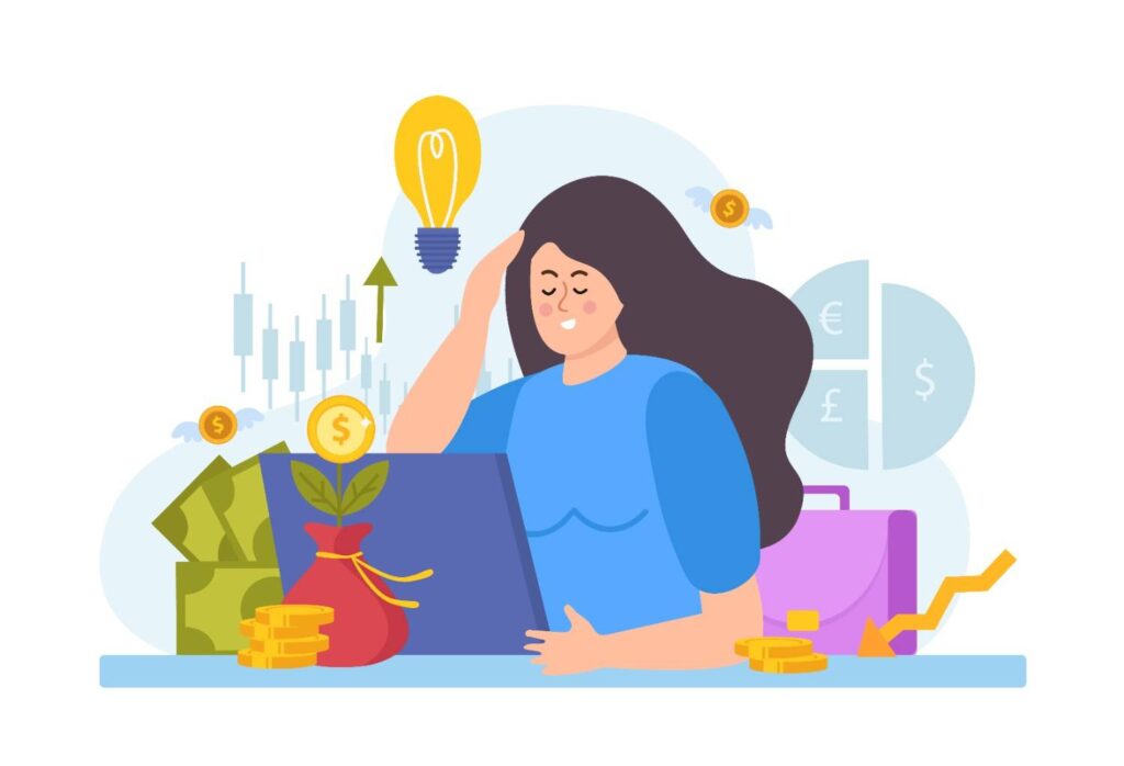 Flat vector illustration of a woman at a laptop looking conflicted, surrounded by stock charts, a rising green arrow, flying dollar coins, and a small money bag with a growing plant, symbolizing the psychological struggle of taking profits too early in trading.