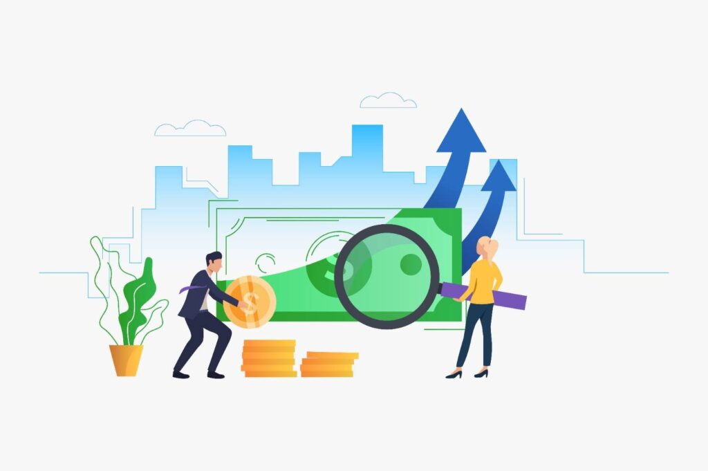 Illustration of people analyzing money and financial growth with cash, coins, a magnifying glass, and upward arrows, representing capital preservation, risk management, and long-term trading success.