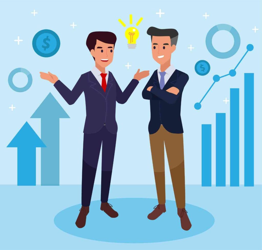 Illustration of two traders discussing market performance and trading decisions, representing the difference between a good trade based on discipline and a winning trade based on profit outcomes.