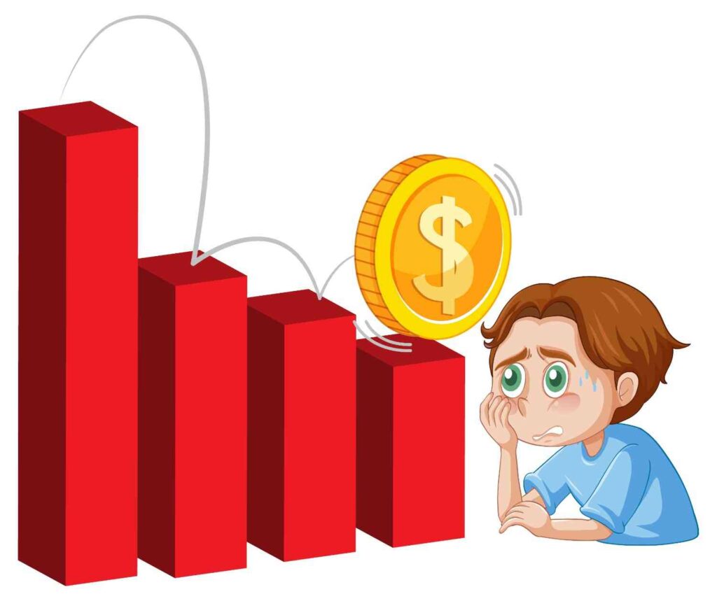A cartoon illustration of a downward-sloping red bar chart with a large gold dollar coin bouncing down the steps, while a stressed and sweating trader watches anxiously from the side.
