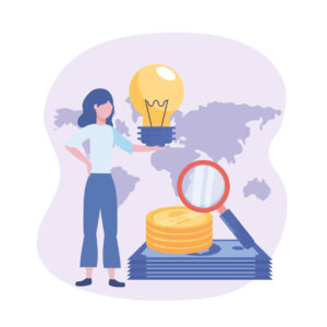 Illustration showing people examining money, coins, and financial growth symbols with a magnifying glass, representing the concept of capital preservation and protecting trading capital through proper risk management.