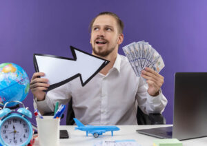 Illustration of traders discussing market opportunities and financial performance, representing the concept of a winning trade where a position results in profit due to favorable market movement.