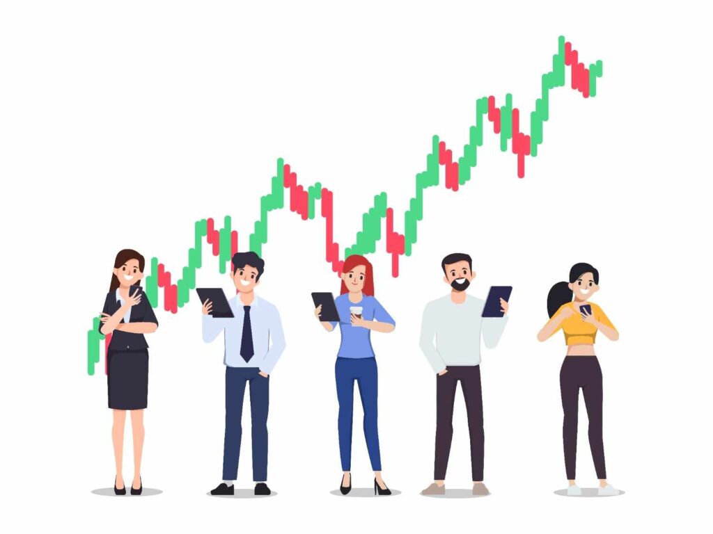 Illustration of multiple traders standing in front of a rising candlestick chart, representing the illusion of control and the belief that traders can predict or influence market movements through their analysis.