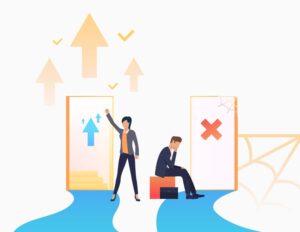 Trader reviewing financial charts with a colleague, illustrating how to overcome anchoring bias in trading by focusing on current market conditions, objective analysis, and disciplined decision-making instead of past price levels.