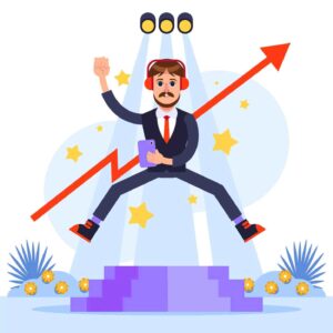 Trader celebrating a series of profitable trades while analyzing a rising market chart, illustrating how winning streaks can create overconfidence and the false belief that future trades are guaranteed to succeed.